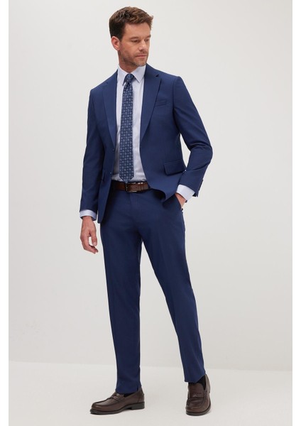 Erkek Slim Fit Mono Yaka Likralı Esnek Kumaş Koyu Lacivert Takım Elbise