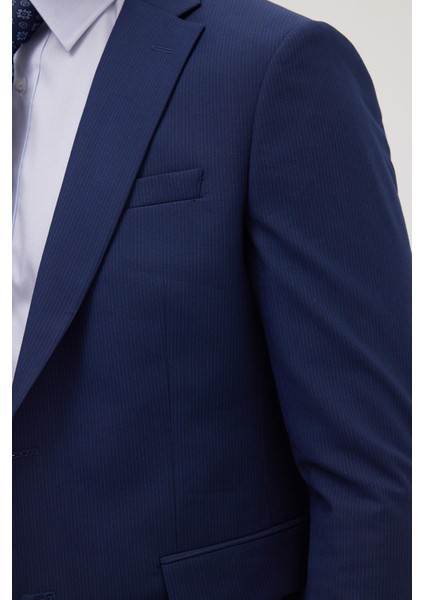 Erkek Slim Fit Mono Yaka Likralı Esnek Kumaş Koyu Lacivert Takım Elbise