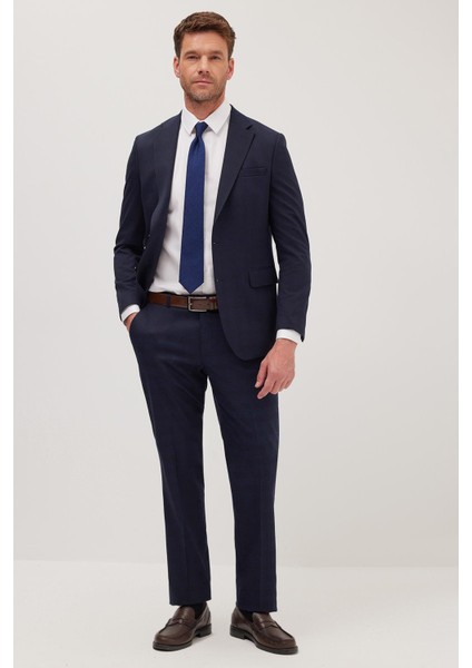Erkek Slim Fit Mono Yaka Likralı Esnek Kumaş Lacivert Takım Elbise