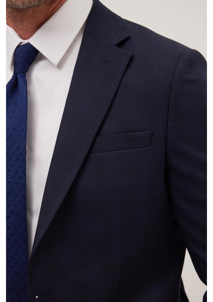 Erkek Slim Fit Mono Yaka Likralı Esnek Kumaş Lacivert Takım Elbise