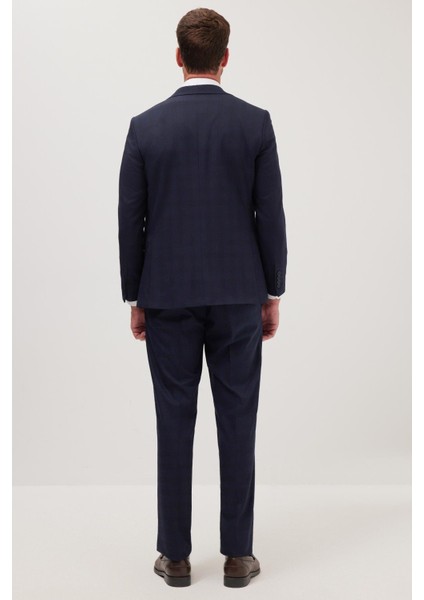 Erkek Slim Fit Mono Yaka Likralı Esnek Kumaş Lacivert Takım Elbise