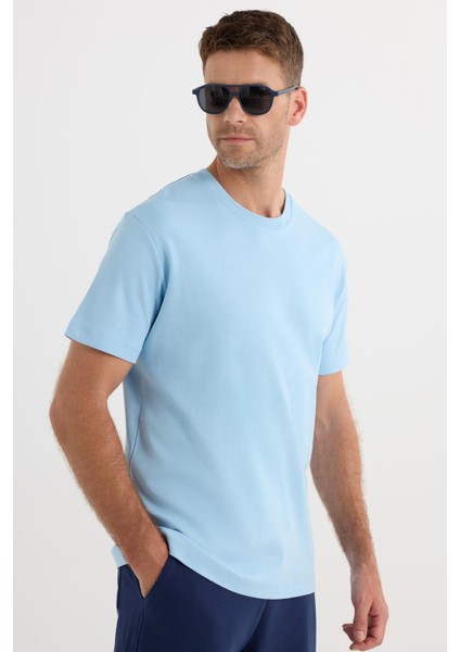 Unisex Relax Fit Rahat Kesim %100 Pamuk Yumuşak Dokulu Hafif Kalın Mavi Bisiklet Yaka Tişört