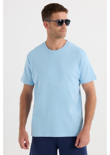 Unisex Relax Fit Rahat Kesim %100 Pamuk Yumuşak Dokulu Hafif Kalın Mavi Bisiklet Yaka Tişört fırsatları