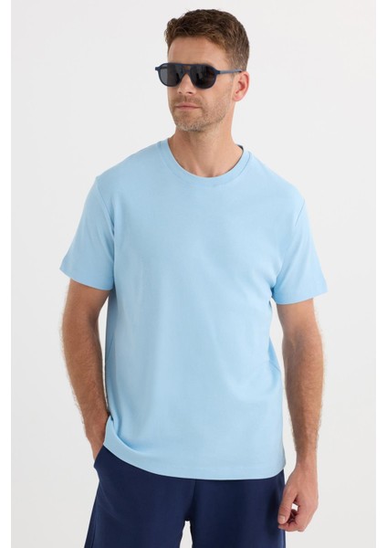 Unisex Relax Fit Rahat Kesim %100 Pamuk Yumuşak Dokulu Hafif Kalın Mavi Bisiklet Yaka Tişört indirimleri