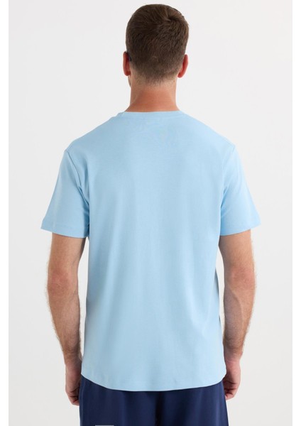 Unisex Relax Fit Rahat Kesim %100 Pamuk Yumuşak Dokulu Hafif Kalın Mavi Bisiklet Yaka Tişört