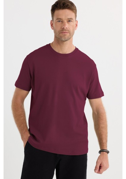 Unisex Relax Fit Rahat Kesim %100 Pamuk Yumuşak Dokulu Hafif Kalın Bordo Bisiklet Yaka Tişört