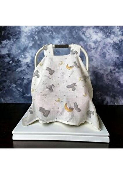 Müslin Puset Örtüsü Gri Yıldız Desenli Oeko Kalite 110 x 90 cm Çıt Çıtlı