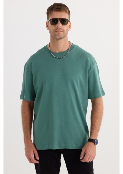 Unisex Oversize Geniş Kesim %100 Pamuk Yumuşak Dokulu Basic Bisiklet Yaka Yeşil Tişört indirimleri