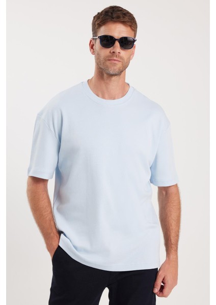 Unisex Oversize Geniş Kesim %100 Pamuk Yumuşak Dokulu Basic Bisiklet Yaka Mavi Tişört