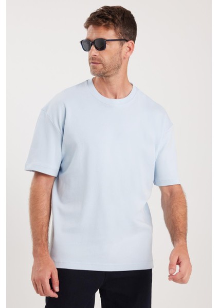 Unisex Oversize Geniş Kesim %100 Pamuk Yumuşak Dokulu Basic Bisiklet Yaka Mavi Tişört fiyatları