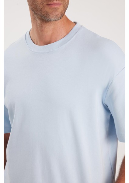 Unisex Oversize Geniş Kesim %100 Pamuk Yumuşak Dokulu Basic Bisiklet Yaka Mavi Tişört modelleri