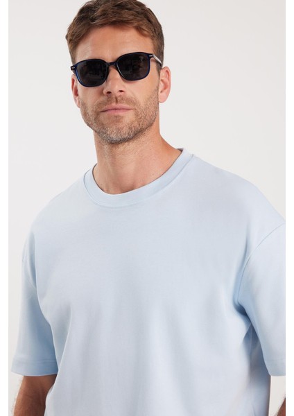 Unisex Oversize Geniş Kesim %100 Pamuk Yumuşak Dokulu Basic Bisiklet Yaka Mavi Tişört indirimleri