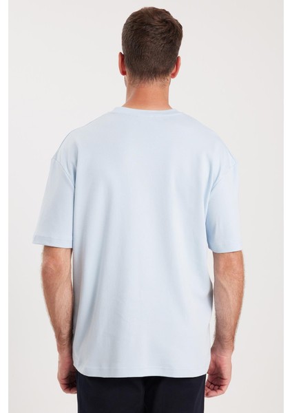 Unisex Oversize Geniş Kesim %100 Pamuk Yumuşak Dokulu Basic Bisiklet Yaka Mavi Tişört