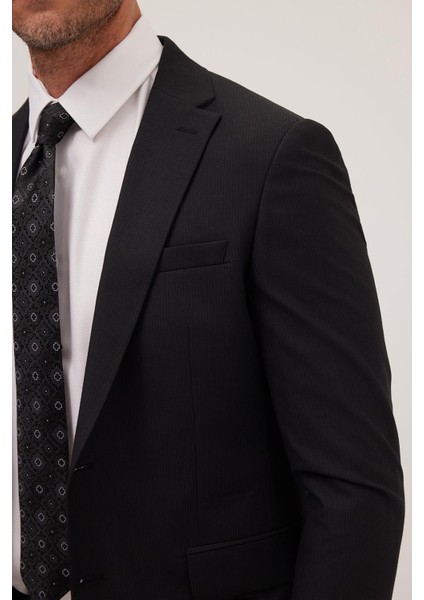 Erkek Slim Fit Mono Yaka Likralı Esnek Kumaş Siyah Takım Elbise