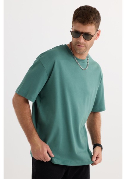 Unisex Oversize Geniş Kesim %100 Pamuk Yumuşak Dokulu Basic Bisiklet Yaka Yeşil Tişört