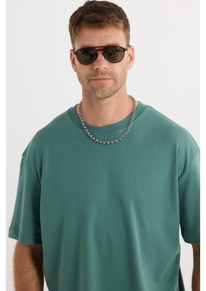 Unisex Oversize Geniş Kesim %100 Pamuk Yumuşak Dokulu Basic Bisiklet Yaka Yeşil Tişört fırsatları