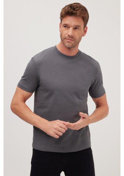 Erkek Regular Fit Klasik Kesim %100 Pamuk Bisiklet Yaka Füme Tişört
