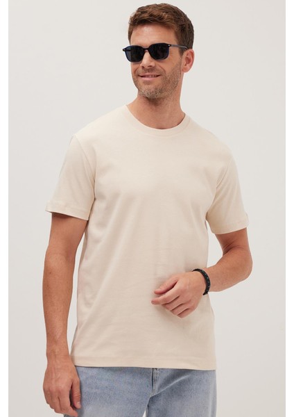 Unisex Relax Fit Rahat Kesim %100 Pamuk Yumuşak Dokulu Hafif Kalın Bej Bisiklet Yaka Tişört