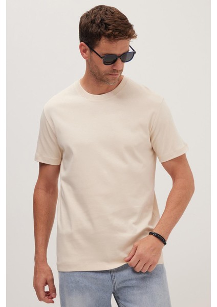 Unisex Relax Fit Rahat Kesim %100 Pamuk Yumuşak Dokulu Hafif Kalın Bej Bisiklet Yaka Tişört fiyatları