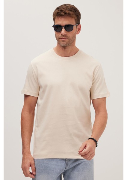 Unisex Relax Fit Rahat Kesim %100 Pamuk Yumuşak Dokulu Hafif Kalın Bej Bisiklet Yaka Tişört fırsatları
