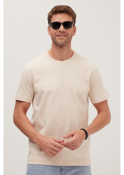 Unisex Relax Fit Rahat Kesim %100 Pamuk Yumuşak Dokulu Hafif Kalın Bej Bisiklet Yaka Tişört indirimleri