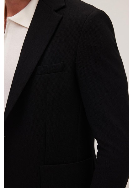 Erkek Regular Fit Siyah Esnek Likralı Kumaş Mono Yaka Torba Cepli Takım Elbise