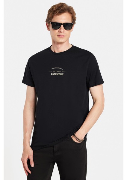 Erkek Slim Fit Dar Kesim %100 Pamuk Yumuşak Dokulu Baskılı Siyah Bisiklet Yaka Tişört