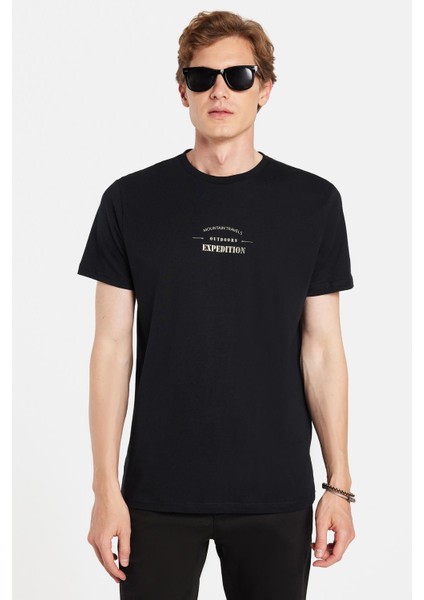 Erkek Slim Fit Dar Kesim %100 Pamuk Yumuşak Dokulu Baskılı Siyah Bisiklet Yaka Tişört fırsatları