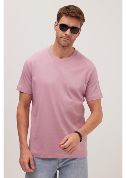 Unisex Relax Fit Rahat Kesim %100 Pamuk Yumuşak Dokulu Hafif Kalın Lila Bisiklet Yaka Tişört