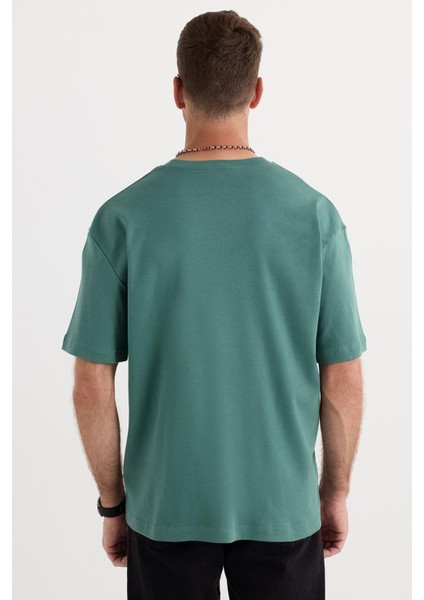 Unisex Oversize Geniş Kesim %100 Pamuk Yumuşak Dokulu Basic Bisiklet Yaka Yeşil Tişört