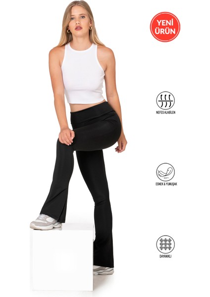 Özkan 27743 Kadın Interlok Kumaş Likralı Toparlayıcı Yüksek Bel Yırtmaçlı Ispanyol Paça Uzun Tayt