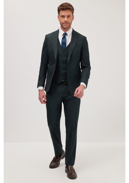 Erkek Slim Fit Haki Esnek Likralı Kumaş Sivri Yaka Yelekli Takım Elbise