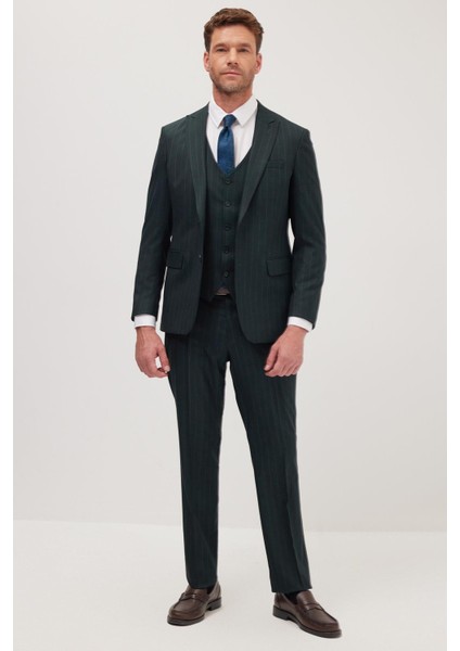 Erkek Slim Fit Haki Esnek Likralı Kumaş Sivri Yaka Yelekli Takım Elbise fırsatları