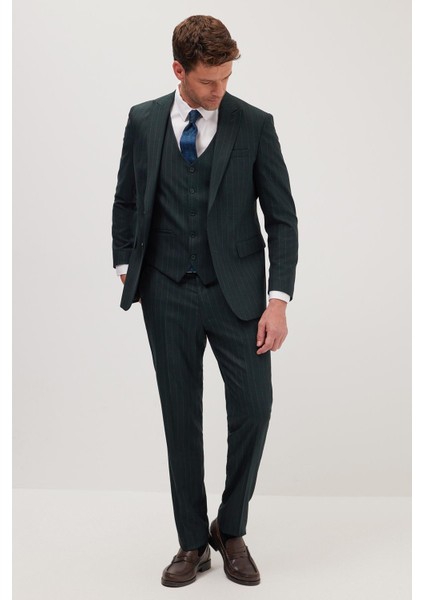 Erkek Slim Fit Haki Esnek Likralı Kumaş Sivri Yaka Yelekli Takım Elbise indirimleri