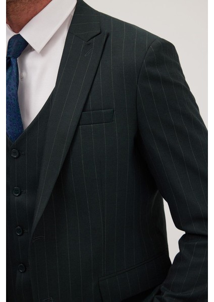 Erkek Slim Fit Haki Esnek Likralı Kumaş Sivri Yaka Yelekli Takım Elbise