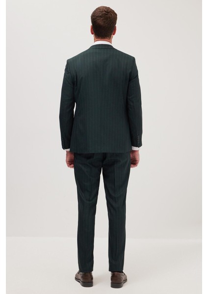 Erkek Slim Fit Haki Esnek Likralı Kumaş Sivri Yaka Yelekli Takım Elbise