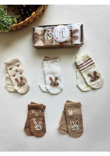 %100 Pamuk Bebek Soket Kutulu Çorap 5'li Set