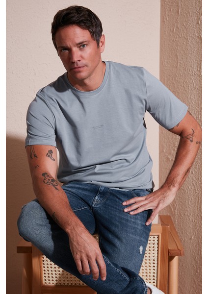 Yazı Detaylı Pamuklu Regular Fit Bisiklet Yaka T Shirt Erkek T Shirt 59020203