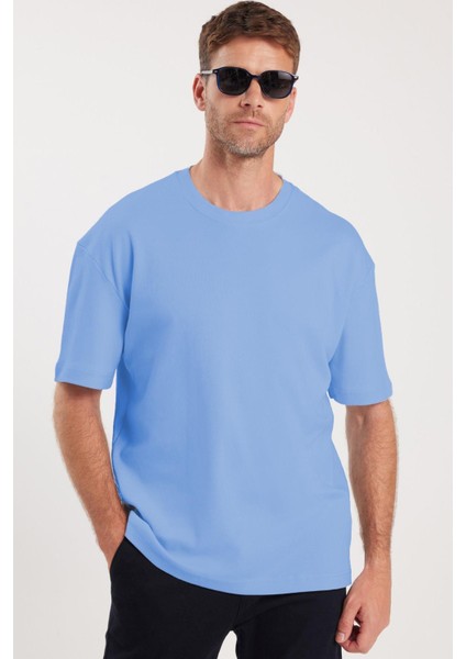 Unisex Oversize Geniş Kesim %100 Pamuk Yumuşak Dokulu Basic Bisiklet Yaka Mavi Tişört