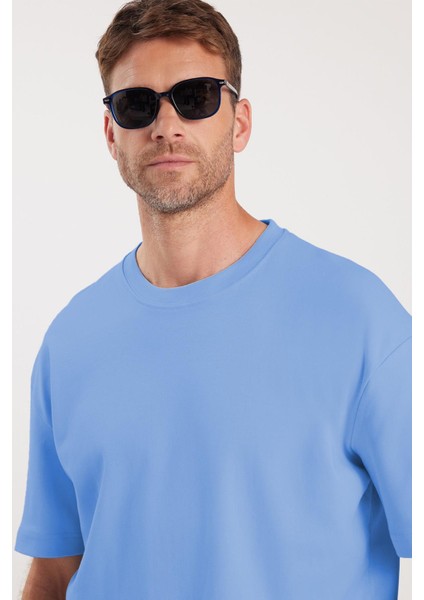 Unisex Oversize Geniş Kesim %100 Pamuk Yumuşak Dokulu Basic Bisiklet Yaka Mavi Tişört fiyatları