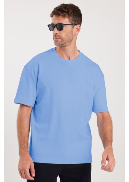 Unisex Oversize Geniş Kesim %100 Pamuk Yumuşak Dokulu Basic Bisiklet Yaka Mavi Tişört modelleri