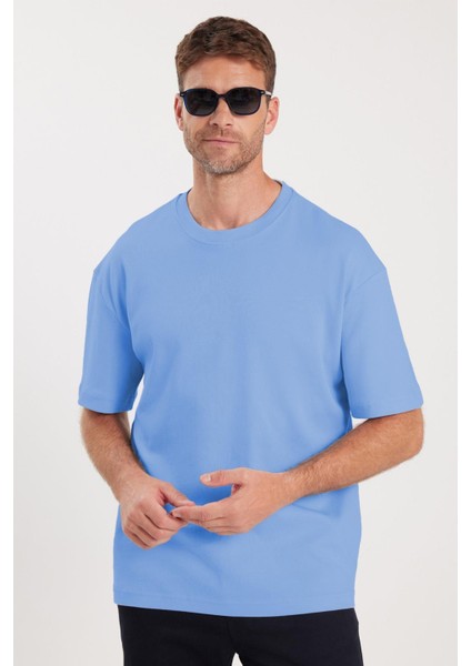 Unisex Oversize Geniş Kesim %100 Pamuk Yumuşak Dokulu Basic Bisiklet Yaka Mavi Tişört fırsatları