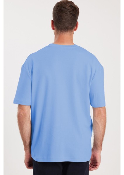 Unisex Oversize Geniş Kesim %100 Pamuk Yumuşak Dokulu Basic Bisiklet Yaka Mavi Tişört indirimleri