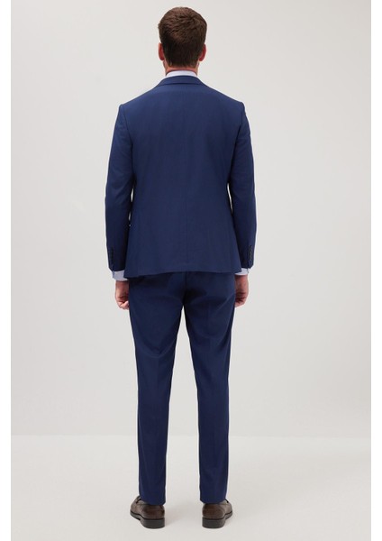 Erkek Slim Fit Mono Yaka Likralı Esnek Kumaş Koyu Lacivert Takım Elbise