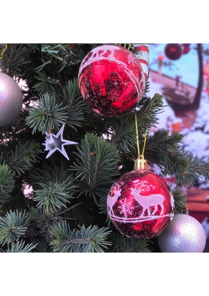 Yılbaşı Topu 6cm Geyik Desenli 6lı Kırmızı AST6940