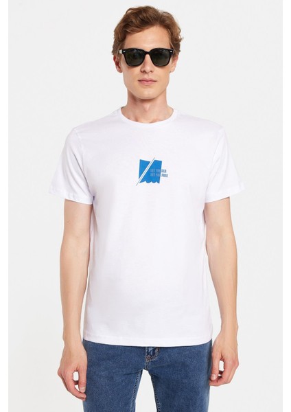 Erkek Slim Fit Dar Kesim %100 Pamuk Yumuşak Dokulu Baskılı Beyaz Bisiklet Yaka Tişört fırsatları