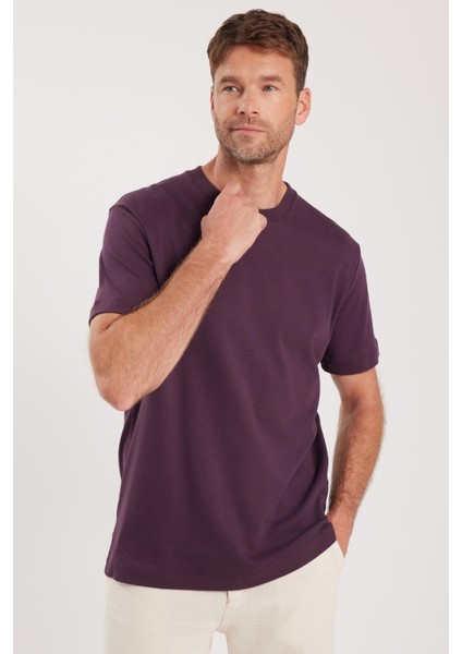 Unisex Relax Fit Rahat Kesim %100 Pamuk Yumuşak Dokulu Hafif Kalın Eflatun Bisiklet Yaka Tişört