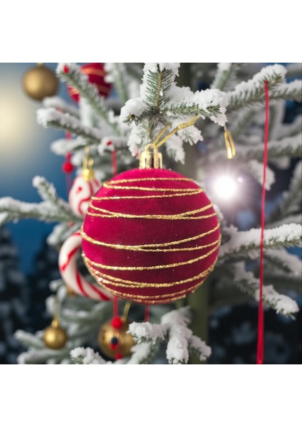 Yılbaşı Topu 8cm Kadife Çizgili Altın Simli Çam Ağacı Süsü 3lü Bordo AST7447