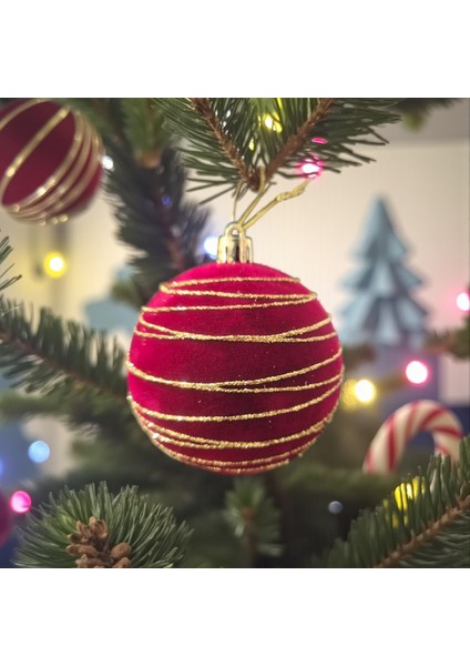 Yılbaşı Topu 8cm Kadife Çizgili Altın Simli Çam Ağacı Süsü 3lü Bordo AST7447 modelleri