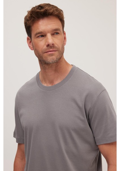 Unisex Relax Fit Rahat Kesim %100 Pamuk Yumuşak Dokulu Hafif Kalın Gri Bisiklet Yaka Tişört